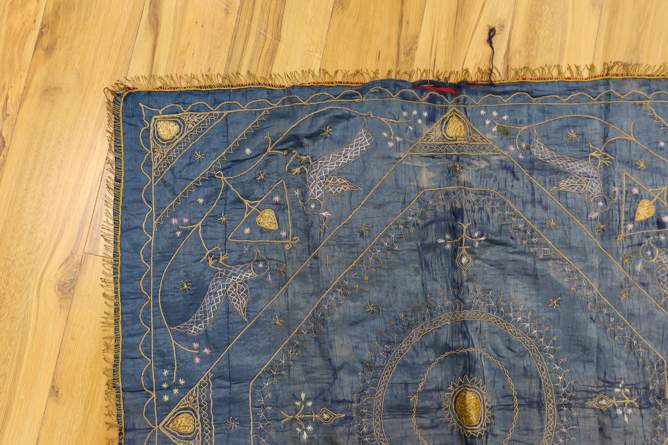 A late 19th century Indian silk and metal thread embroidered panel, approx. 118cms x118 cms